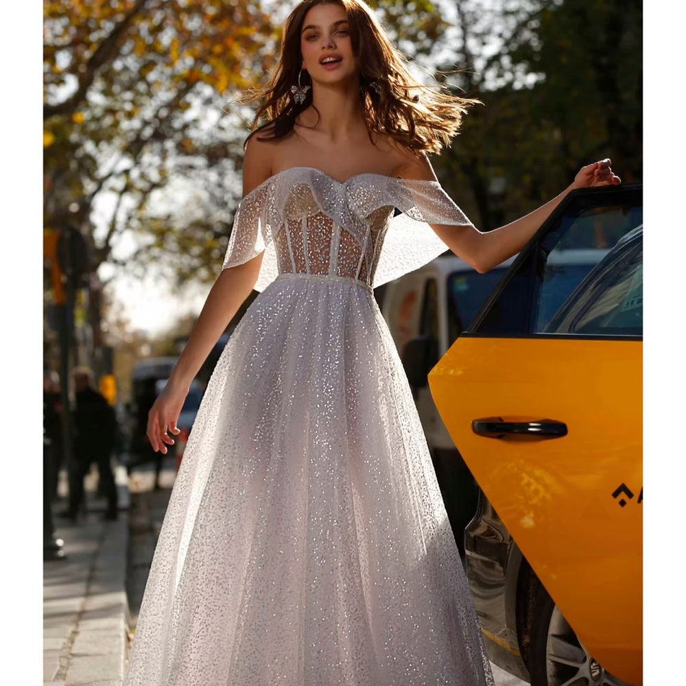 Jolie Sparkling White Off-Shoulder Wedding Dress